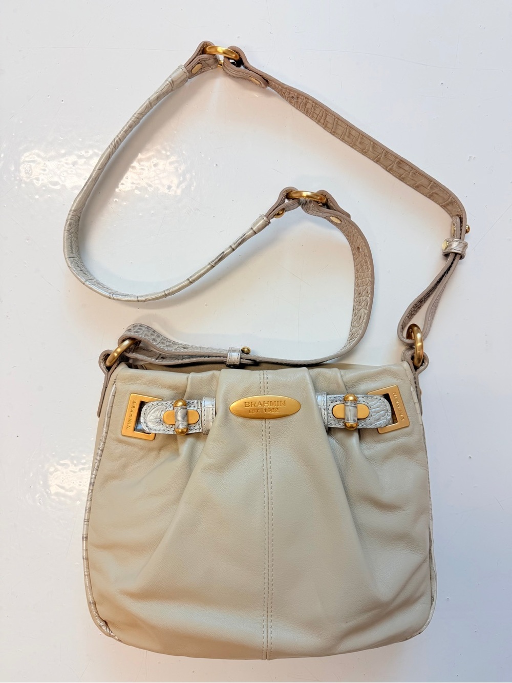 Brahmin Bailey Cream Cinches Leather Shoulder Bag with Gold Hardware New